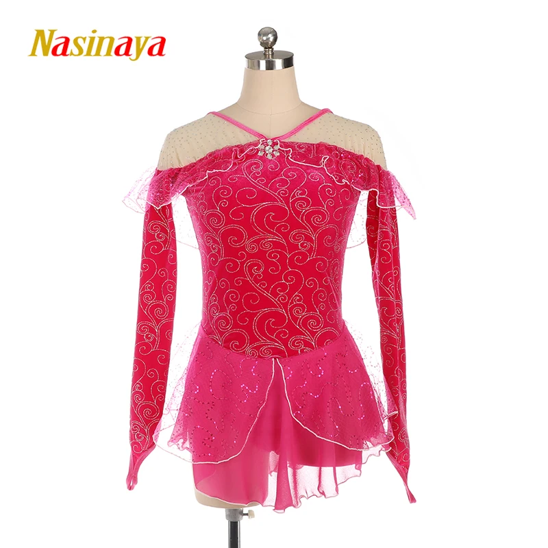 

Figure Skating Dress Custom Long Sleeve Skating Skirt Girl Female Performing Ice Light Red