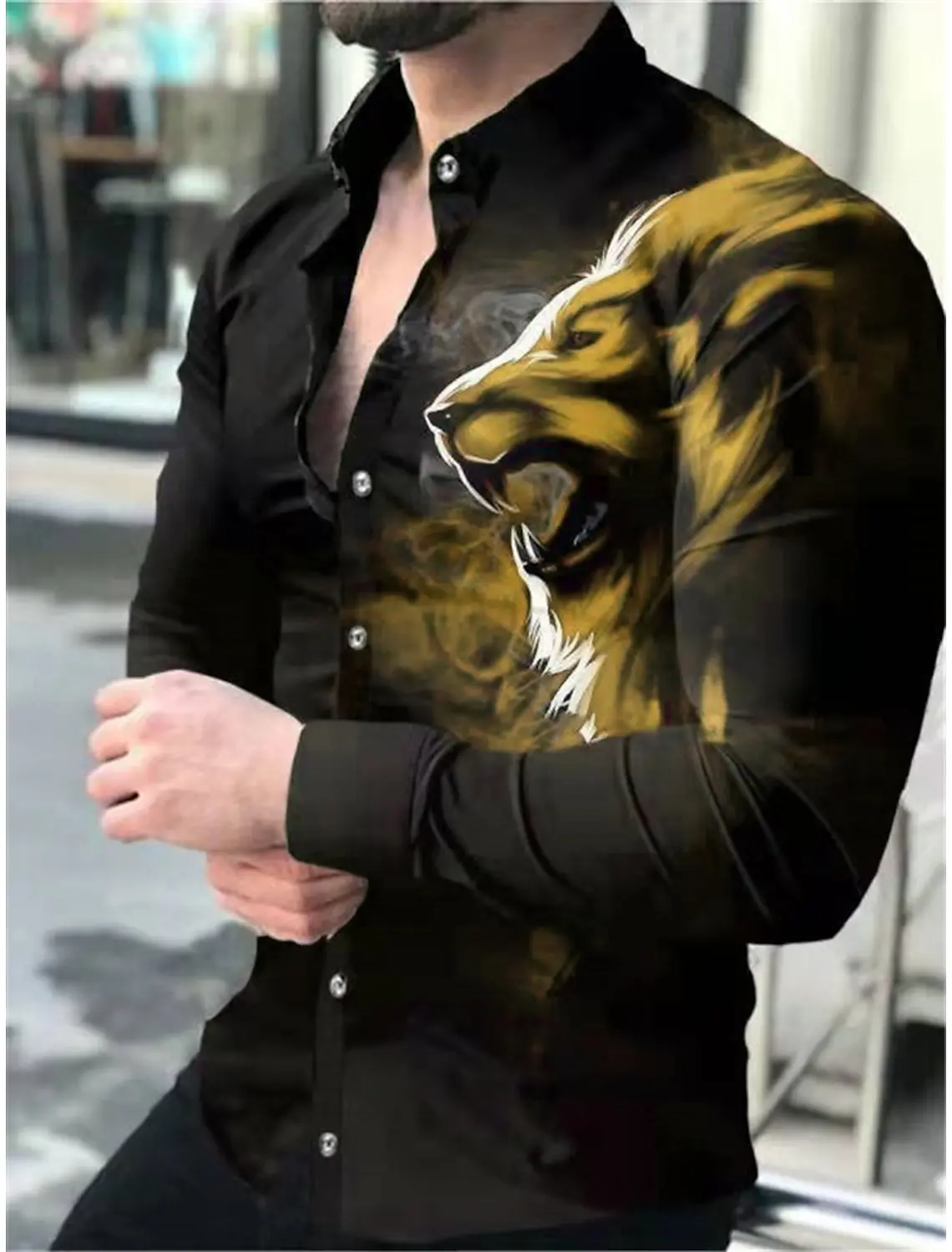 Men's Shirt Graphic Shirt Animal Lion Turndown 3D Print  Long Sleeve Button-Down Clothing Apparel Fashion Designer Breathable