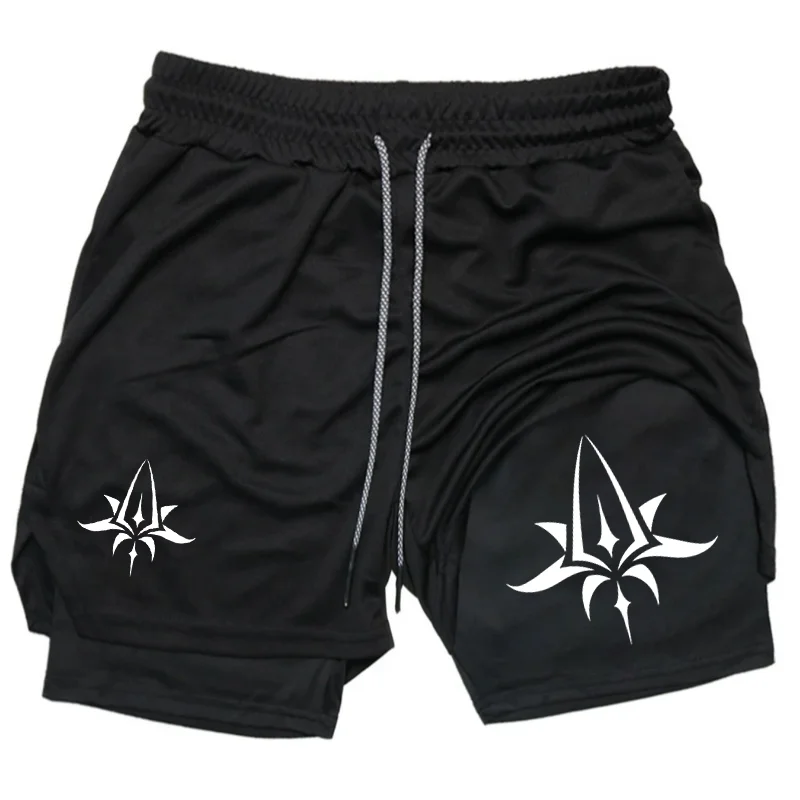 2026 men's double-layer shorts Gothic floral print shorts summer quick drying sports fitness 2-in-1 jogging beach shorts