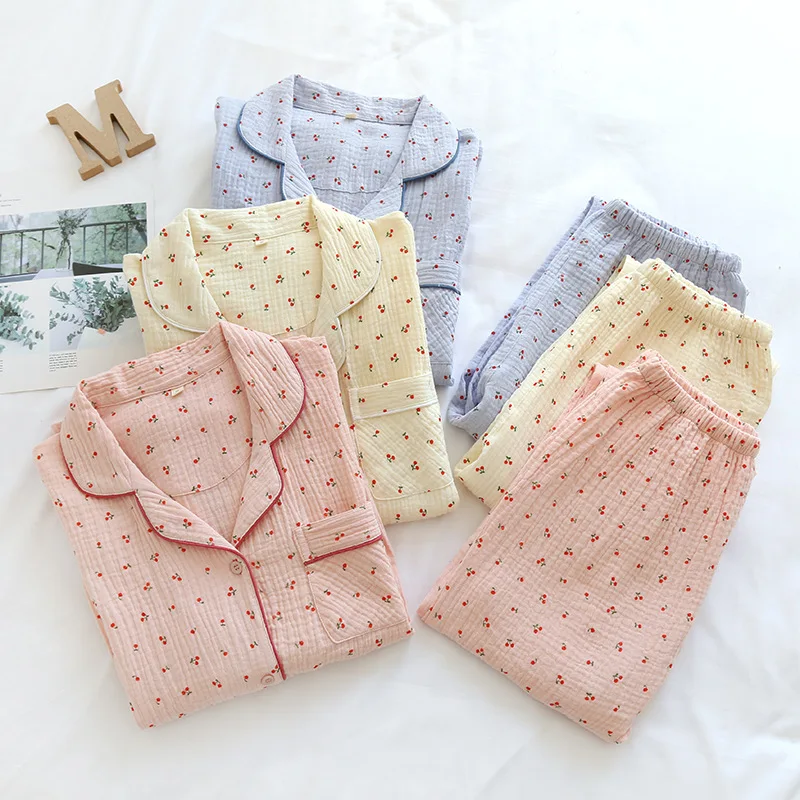 Women Cotton Crepe Pajamas Set 2026 Long Sleeve Loose Cardigan Sleepwear Cute Sweet Absorbent Cozy Lightweight Lounge Wear