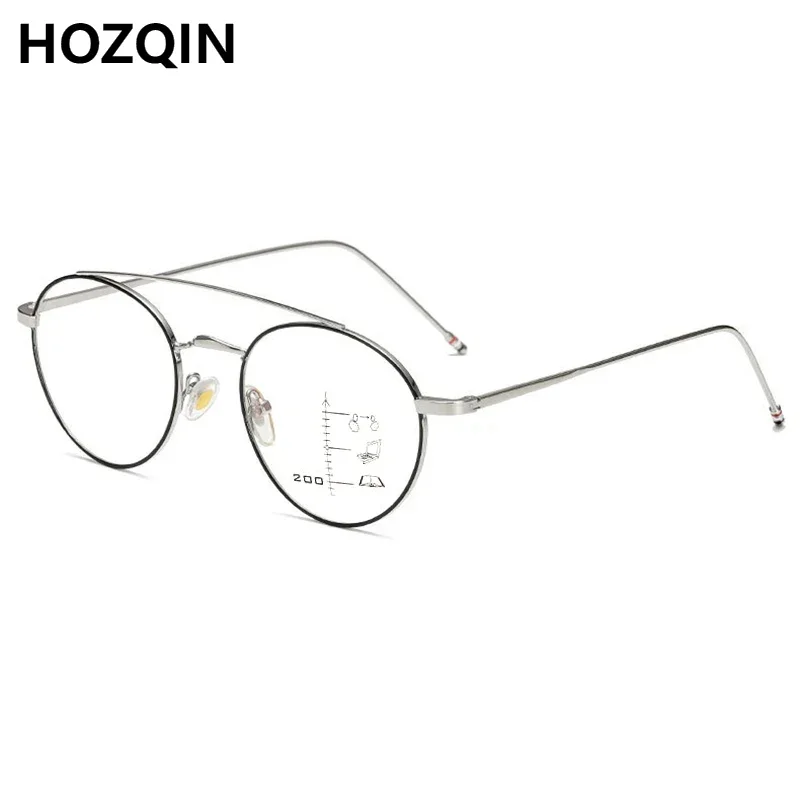 

New Women Retro Literary Round Alloy Double Bridge Anti Blue Progressive Myopia Multifocals Glasses Men Shortsighted Spectacles