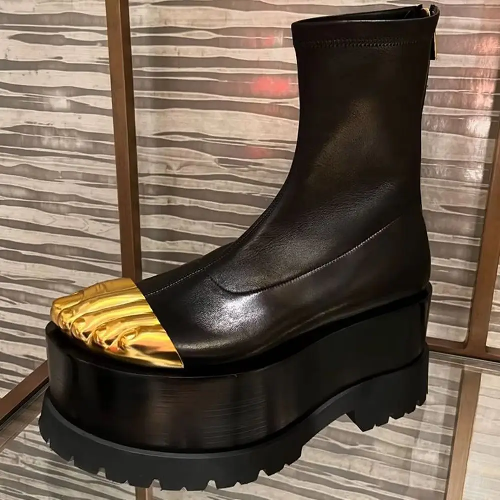 Sexy Black Gold Five-Finger Short Boots round Toe Casual Stretch Street Fashion Party 2026 Catwalk Stage Model Shoes