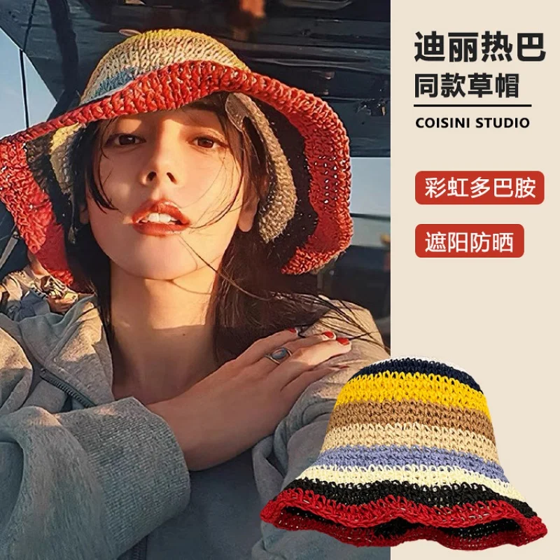 Dilireba Same Style Dopamine Straw Hat for Women Spring Summer Outing-Proof Hand-Woven Bucket Hat