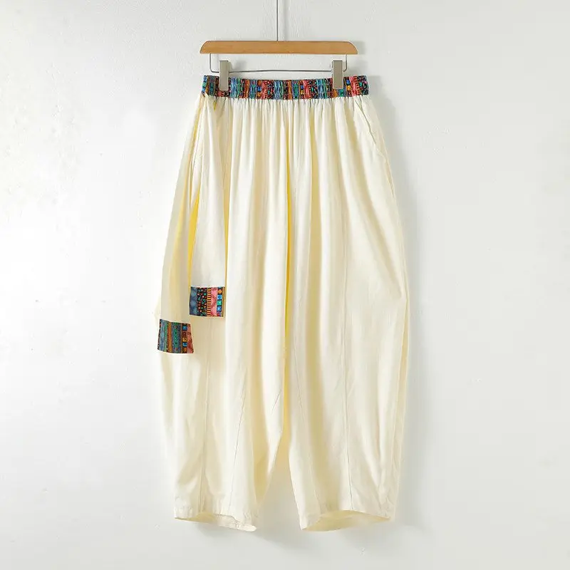 

Свободные широкие брюки из хлопка и льна в этническом стиле, китайский новый стиль, с заниженной проймой, фасон «морковки», в пол