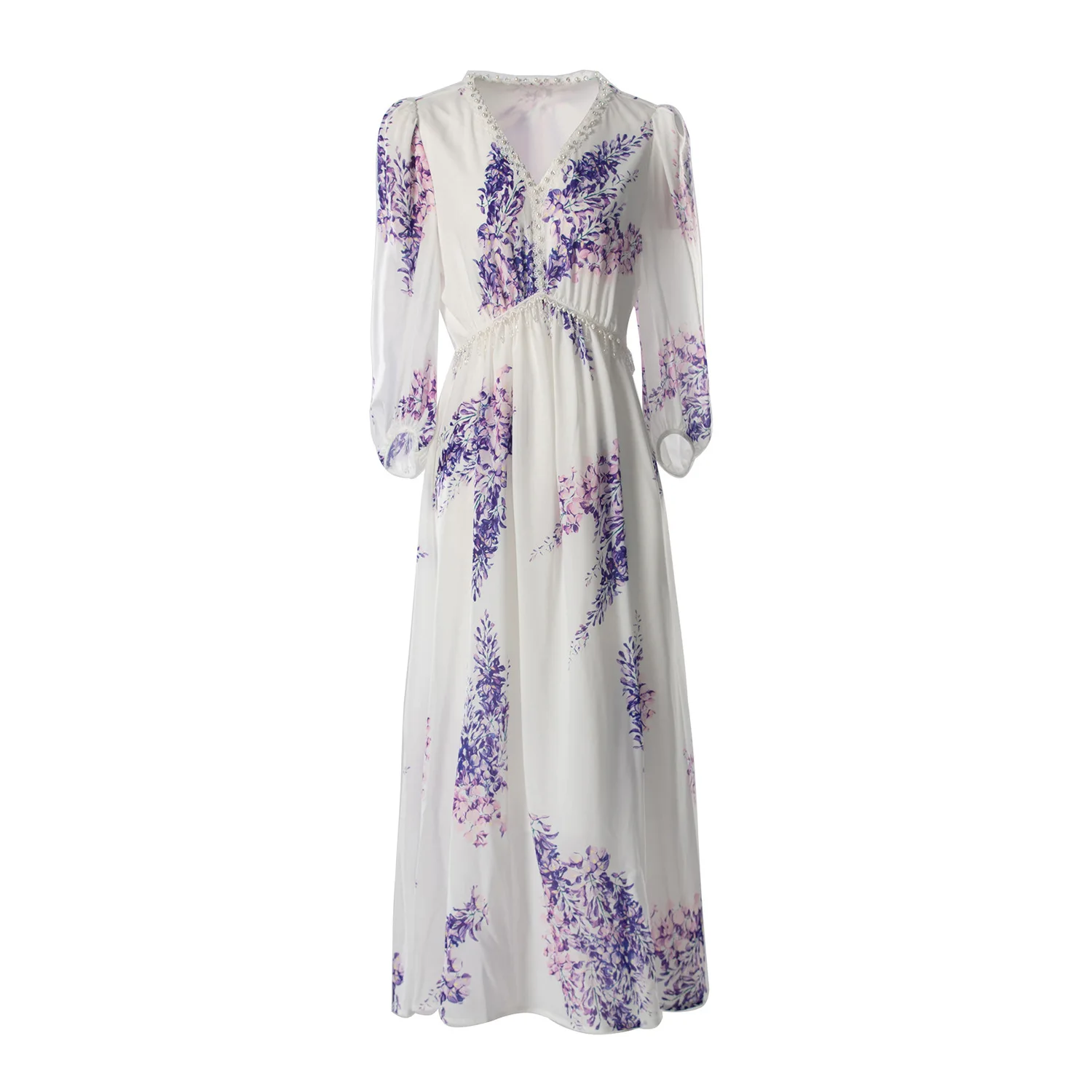 

Europe and the United States women's 2024 summer new Three-quarter sleeve V-neck studded wisteria print fashion Pleated dress
