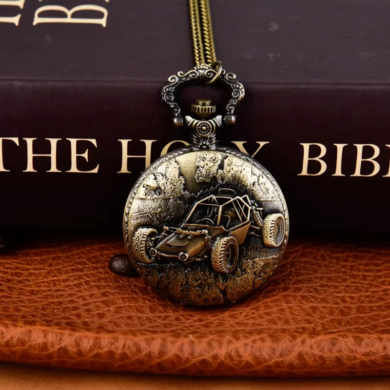 Large bronze four-wheeler pocket watch Retro flip bumper car Small car design pocket watch Necklace watch