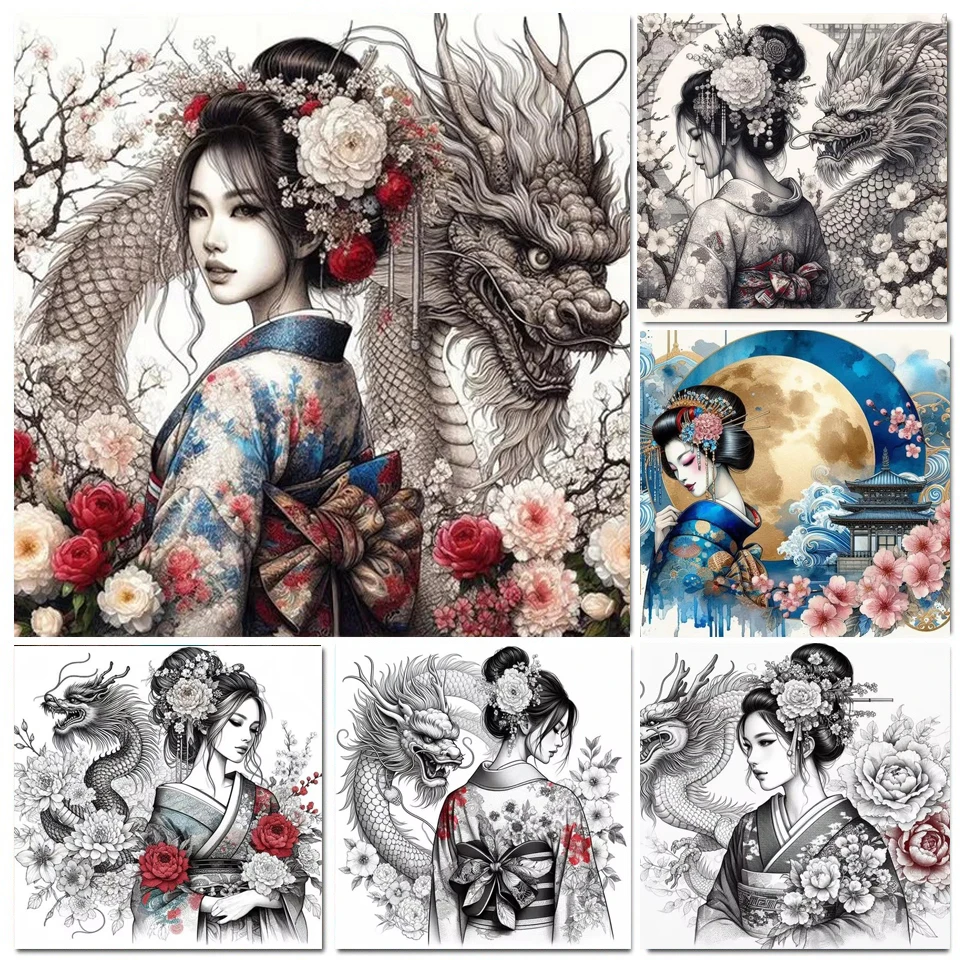 5D Diy Diamond Painting Japanese Geisha Dragon And Woman Full Diamond Mosaic Embroidery Portraits Cross Stitch Kits Rhinestones