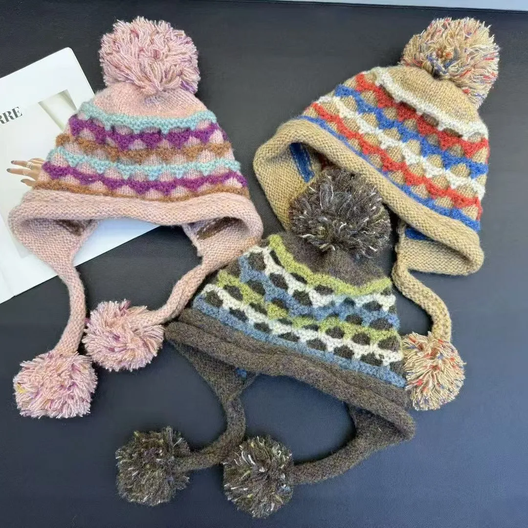 2026 Face-showingLittle Fair Island Knitted Hat Women's Autumn and Winter New Warm Plush Ball Beanie Ear Protection Lei Feng Hat