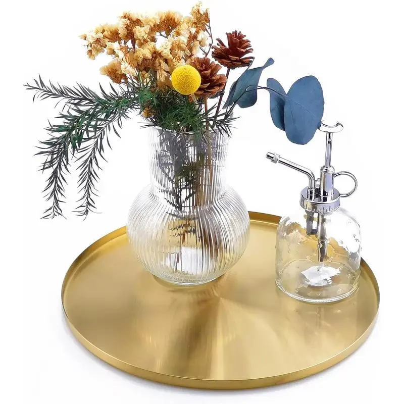 1Pc Brass Gold Serving Tray 12 Inch Round Decorative Platter Metal Brushed Table Top Decoration