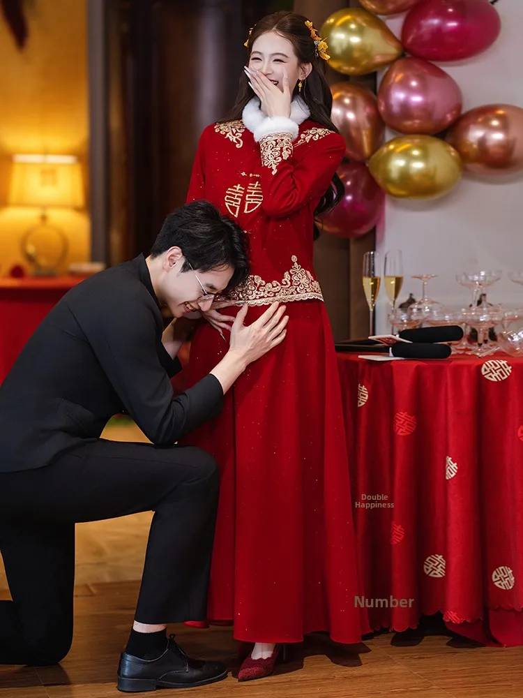 

Новый китайский свадебный комплект для беременных: длинное платье с высокой талией, скрывающее живот, зимнее, в стиле Хуэйфу