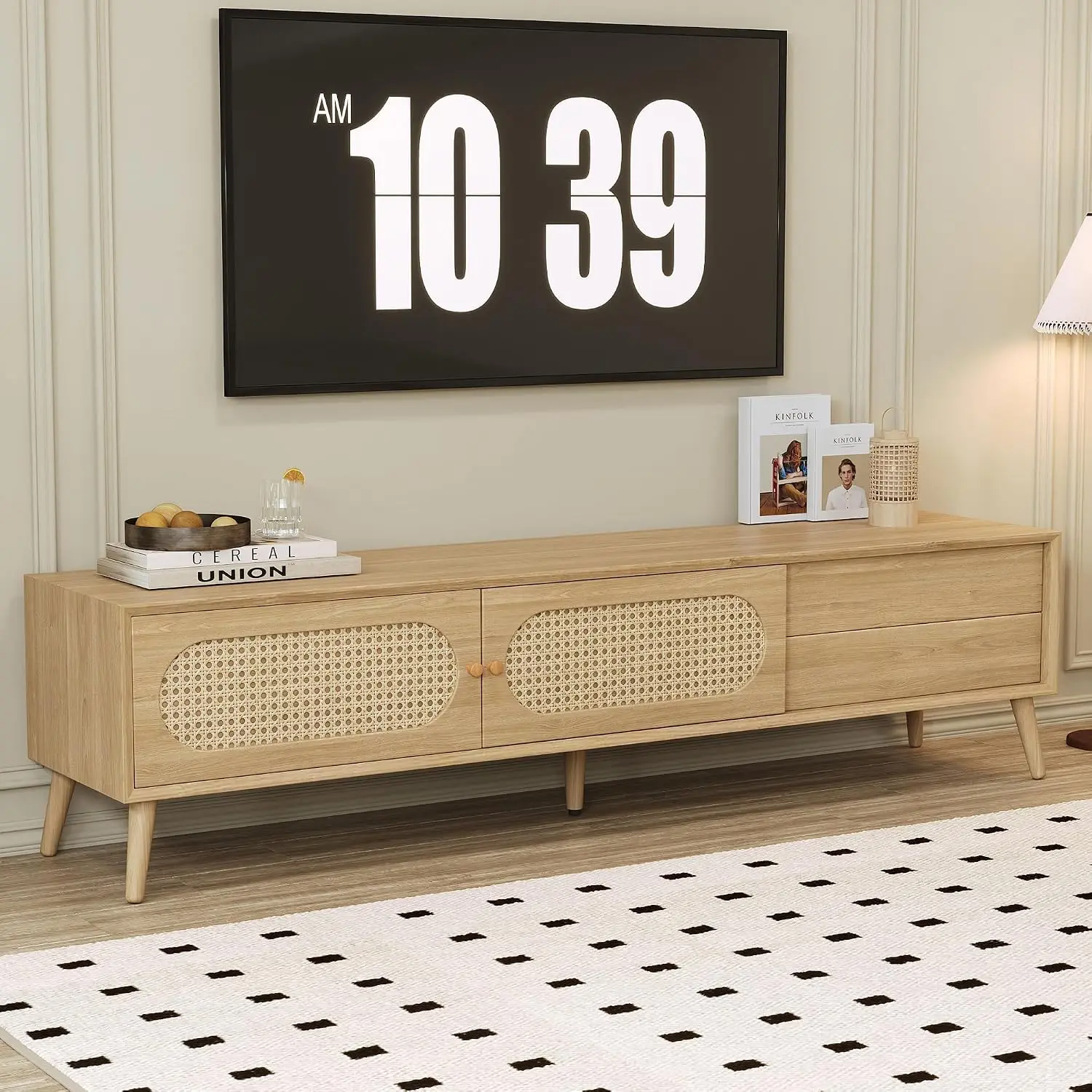 Boho TV Stand with Sliding Doors & Drawers for 80