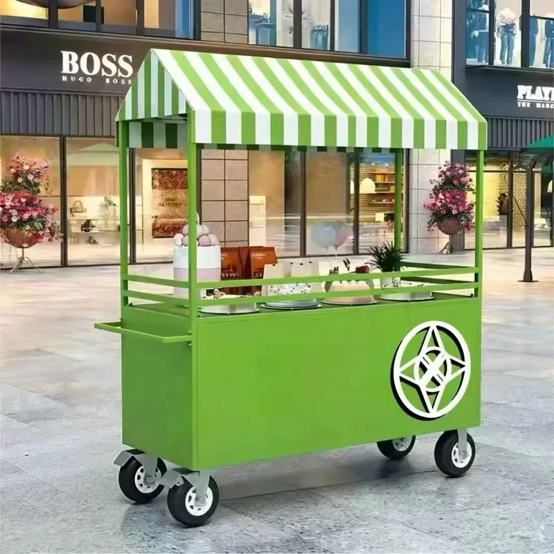 Outdoor Shopping Mall Mobile Dessert Display Car Red and White Striped Canopy Wheeled Booth Car Suitable for Wedding Parties
