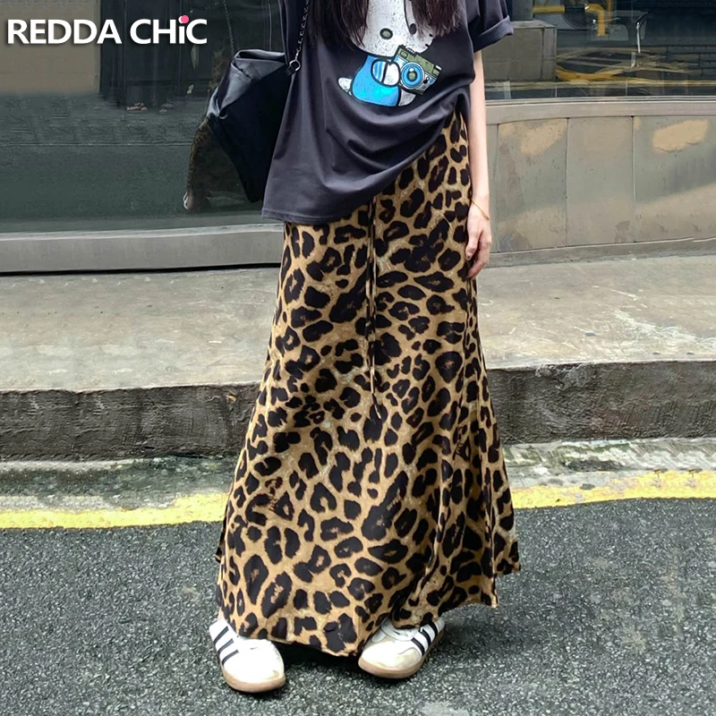 

ReddaChic Leopard Print Mermaid Skirt Women Tall Girls Friendly Draped Drawstring Elastic Waist Maxi Long Skirt Grayu Streetwear