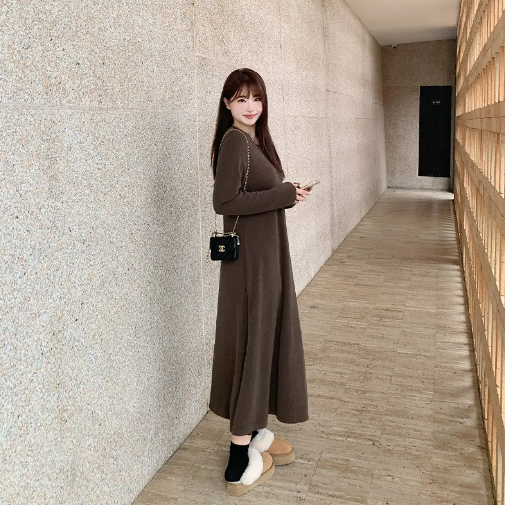 

plus Size Women's Normcore U-Neck Dress Relaxed Soft Waxy Spring Waist-Cinching Bottoming Knitted Long Skirt for Fat Mm