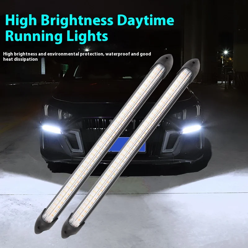 2Pcs LED Car DRL Daytime Running Lights Waterproof Universal 12V Auto Headlight Sequential Turn Signal Yellow Flow Day Light