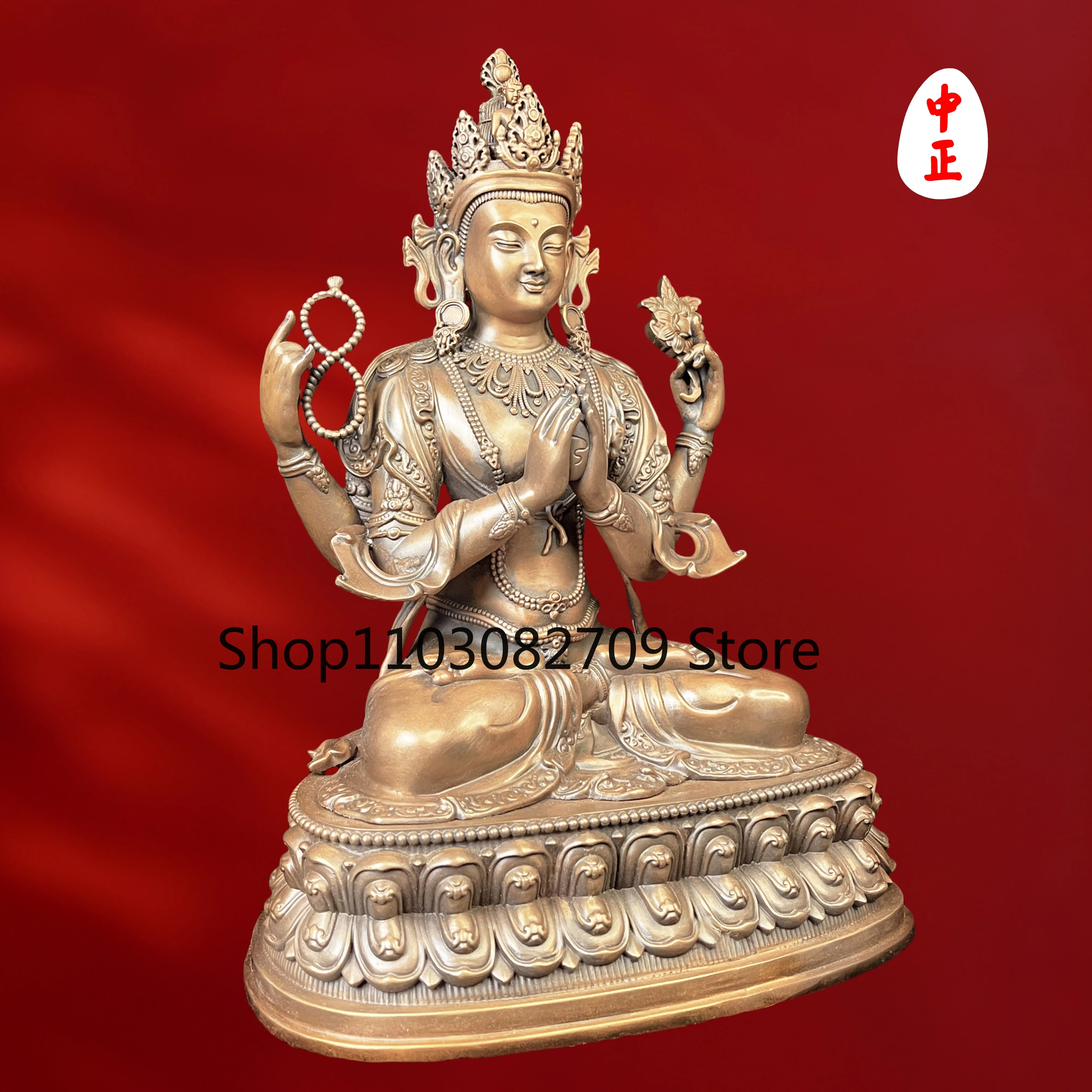 Zhongzheng Statue Intangible Cultural Heritage Workshop Four Arms Guanyin Gold, Silver and Copper Material Support Customized Cr