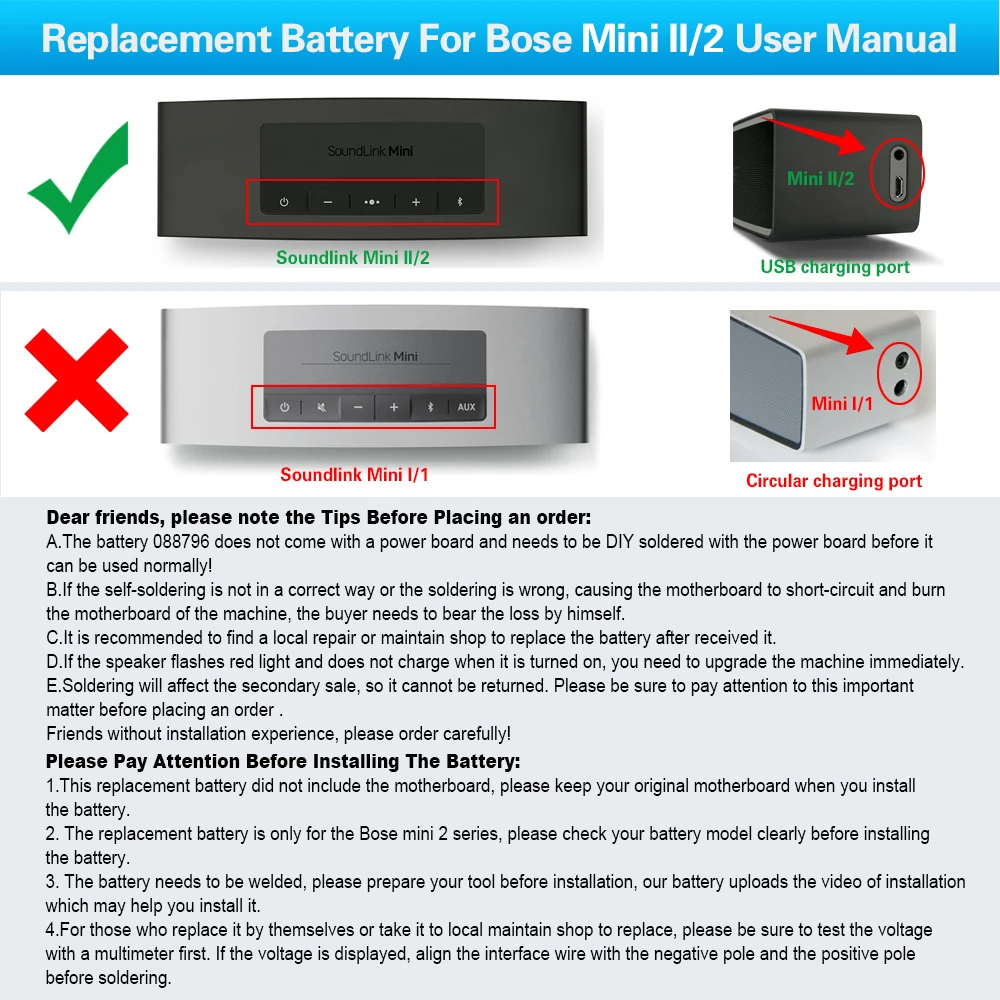 KingSener 088796 088789 088772 080841 Bluetooth-Lautsprecher, kabelloser Lautsprecher, Akku für BOSE Soundlink Mini 2, 7,4 V, 2600 mAh/19,24 Wh. – Detail 7