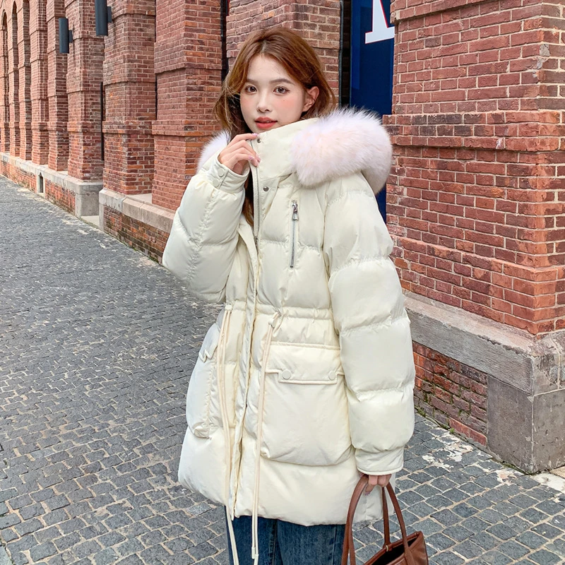 

Women's Down Parka Winter New Puffer Coats Large Fur Collar Thick Warm Outerwears Simple Casual Zipper Mid-length Down Jackets