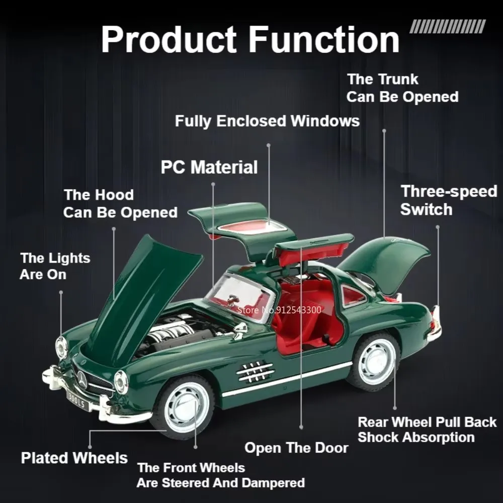 1:32 500k 300sl modelo de carro vintage brinquedo absorção de choque liga diecast modelos de veículos som luz puxar para trás coleção crianças presentes