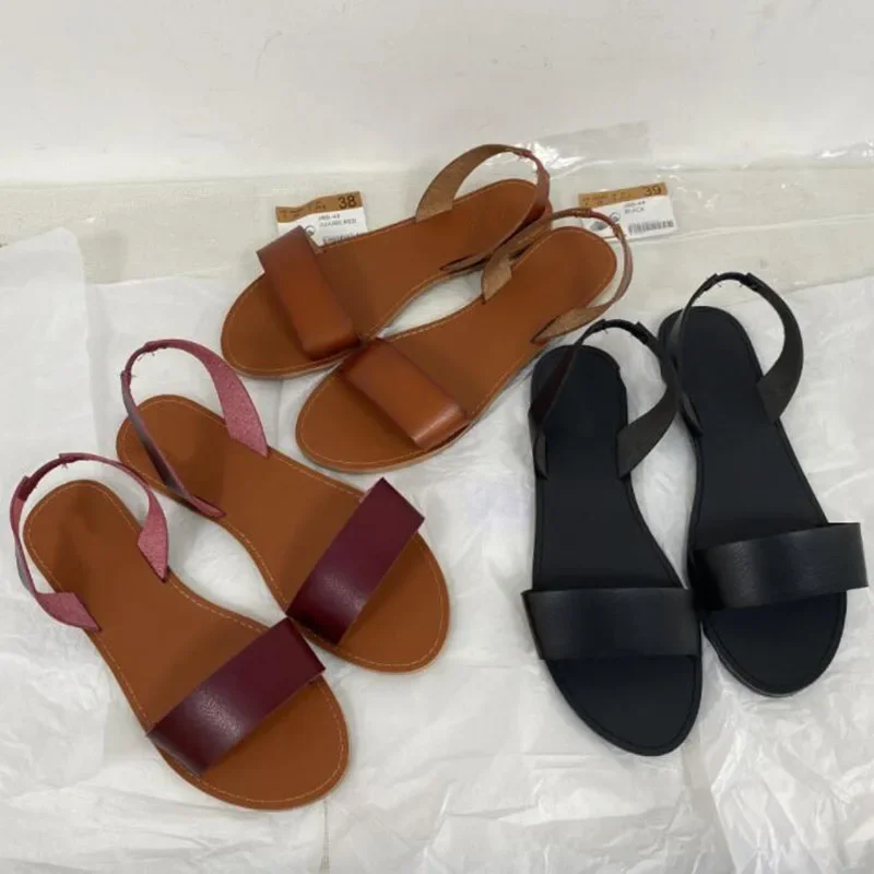 Solid PU Leather Women Sandals for 2024 Summer Flat Shoes Back Elastic Band Rome Casual Lady Fashion Brand Sandal Woman