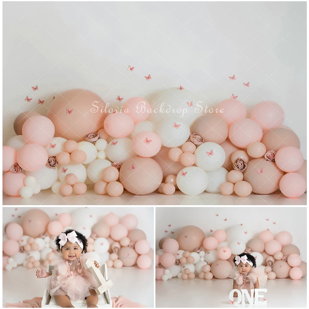 

Dainty Butterflies Photography Backdrop Cake Smash Birthday Photo Background Pink Balloon Flowers Photo Studio Props