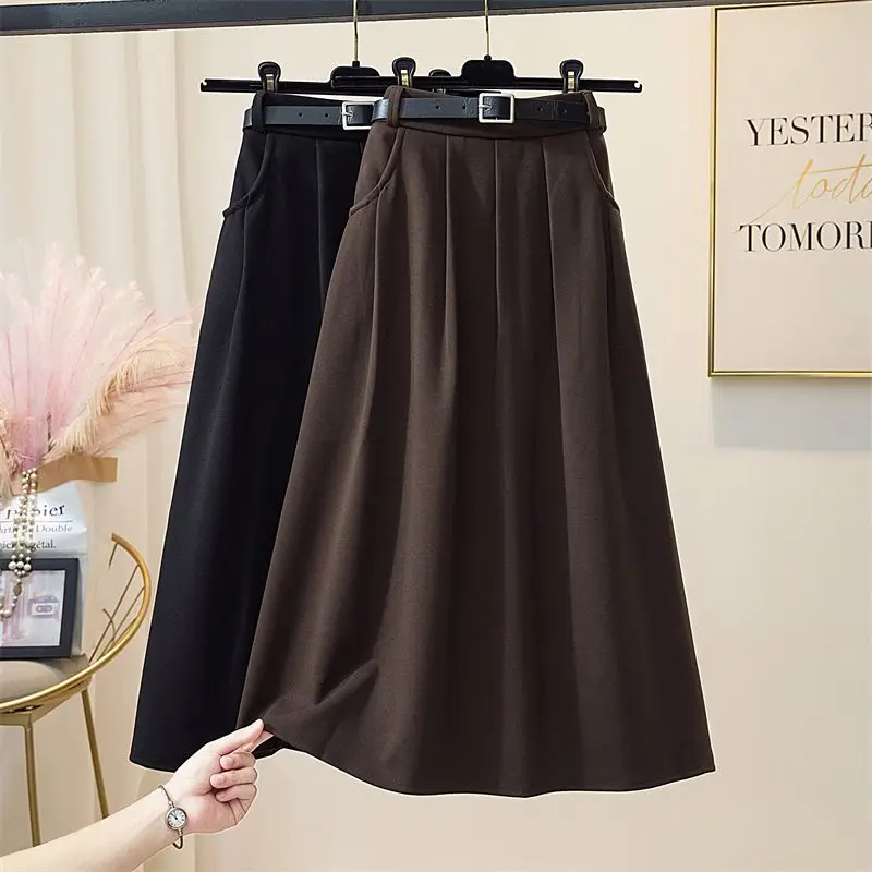 

"Women's High Waist A-Line Midi Pleated Skirt Autumn Winter New Elegant Casual Versatile Wrap Knit Thickened Tweed Skirt"