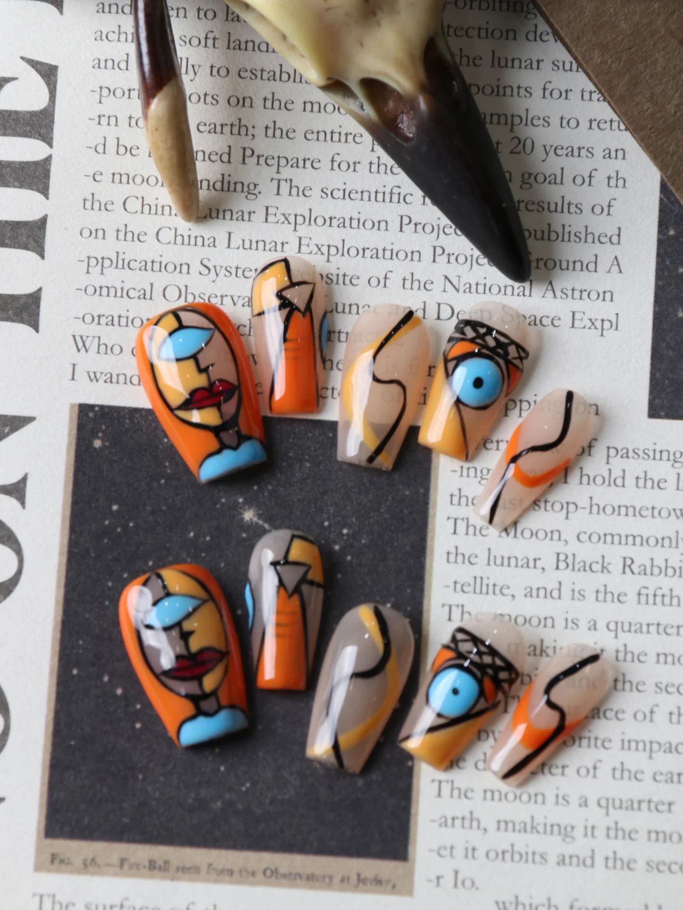 10Pcs Press on Nails Orange Task Hand-Drawn Office Dailywear False Nails Artificial Nails Kit Nail Art DIY