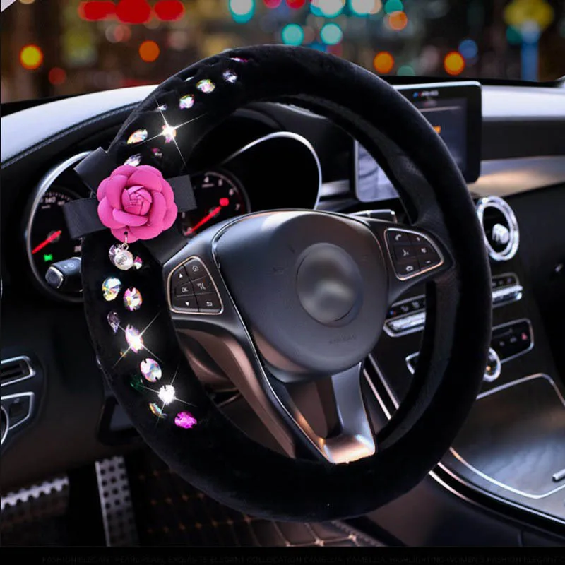 Luxury Crystal Rose Flower Car Steering Wheel Covers Hand Sewing Rhinestone Soft Plush Steering-Wheel Cover Car Decoration