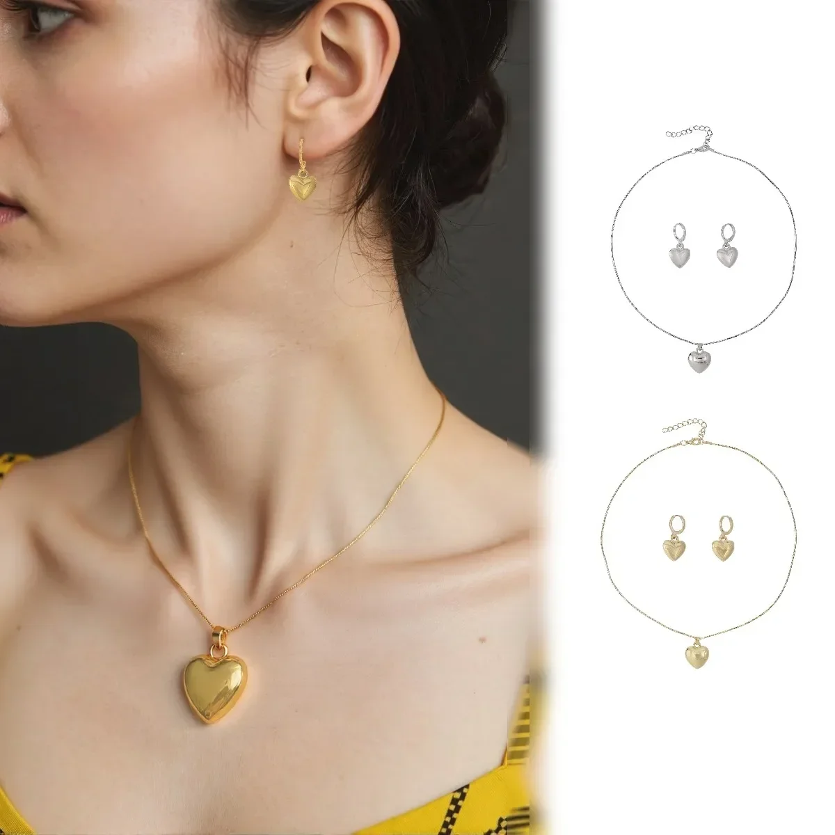Retro Silver Heart Pendant Necklace Drop Earrings Set Vintage Party Jewelry Gift for Women Girls Bestie Birthday Christmas