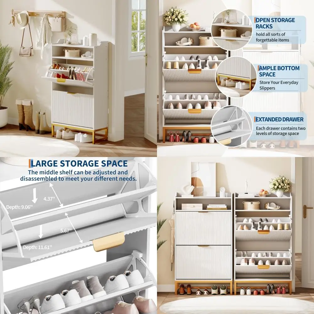 

Современный шкаф для хранения обуви с двойными ящиками и регулируемыми полками, с золотыми ручками