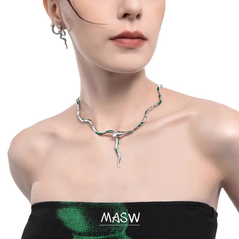 MASW High Quality Metal Snake Necklace 2022 New Trend Cool Thick Silver Plated Green Choker Necklace For Women Jewelry Gifts