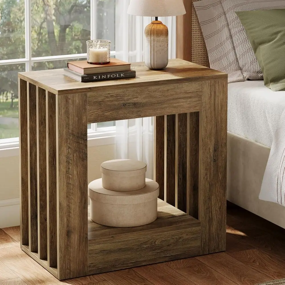 

2-Tier Storage Side Table, Slim Coffee Table for Small Spaces, Rustic Brown Industrial Sofa Side Table for Living Room, Bedroom