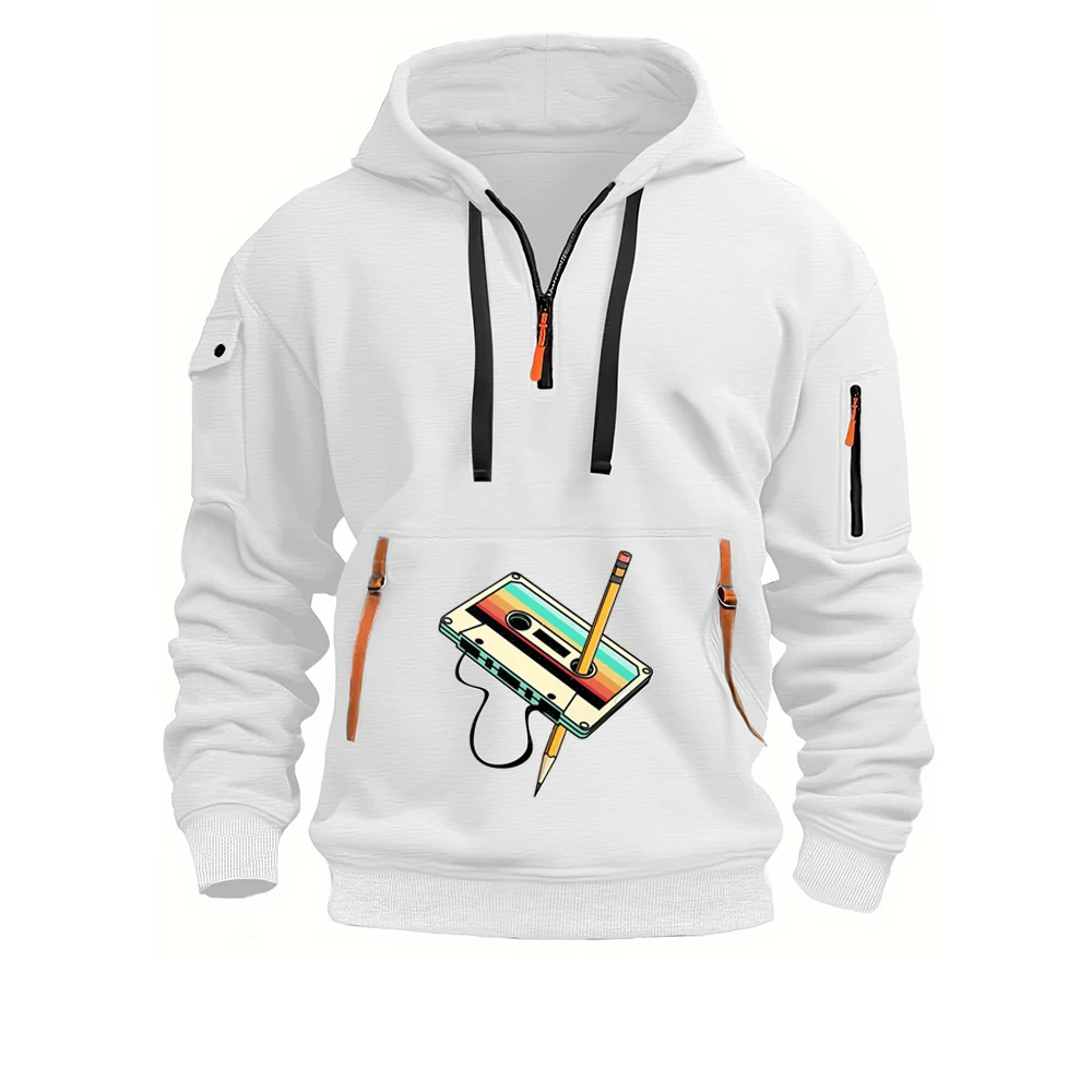 

Кассетная лента 80-х годов, карандаш 1980-х годов, винтажная музыка, мужской пуловер с капюшоном на половину молнии, уличный свитшот, однотонная куртка, пальто