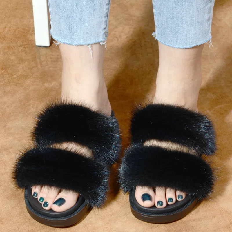 Natural Mink Fur Slippers Double Strap Real Fur Slippers For Women Fashion Fur Slippers Thick Sole Sandals Fluffy Flip Slippers