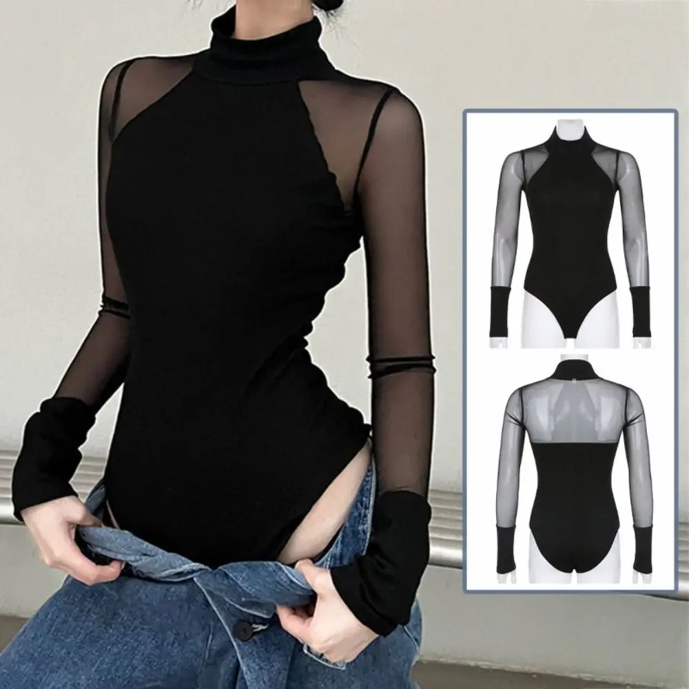 Unique High Collar Long Sleeve Jumpsuit Translucent Slim Fit Romper Shorts All-match Female Clothes Tights Women Taking Pictures