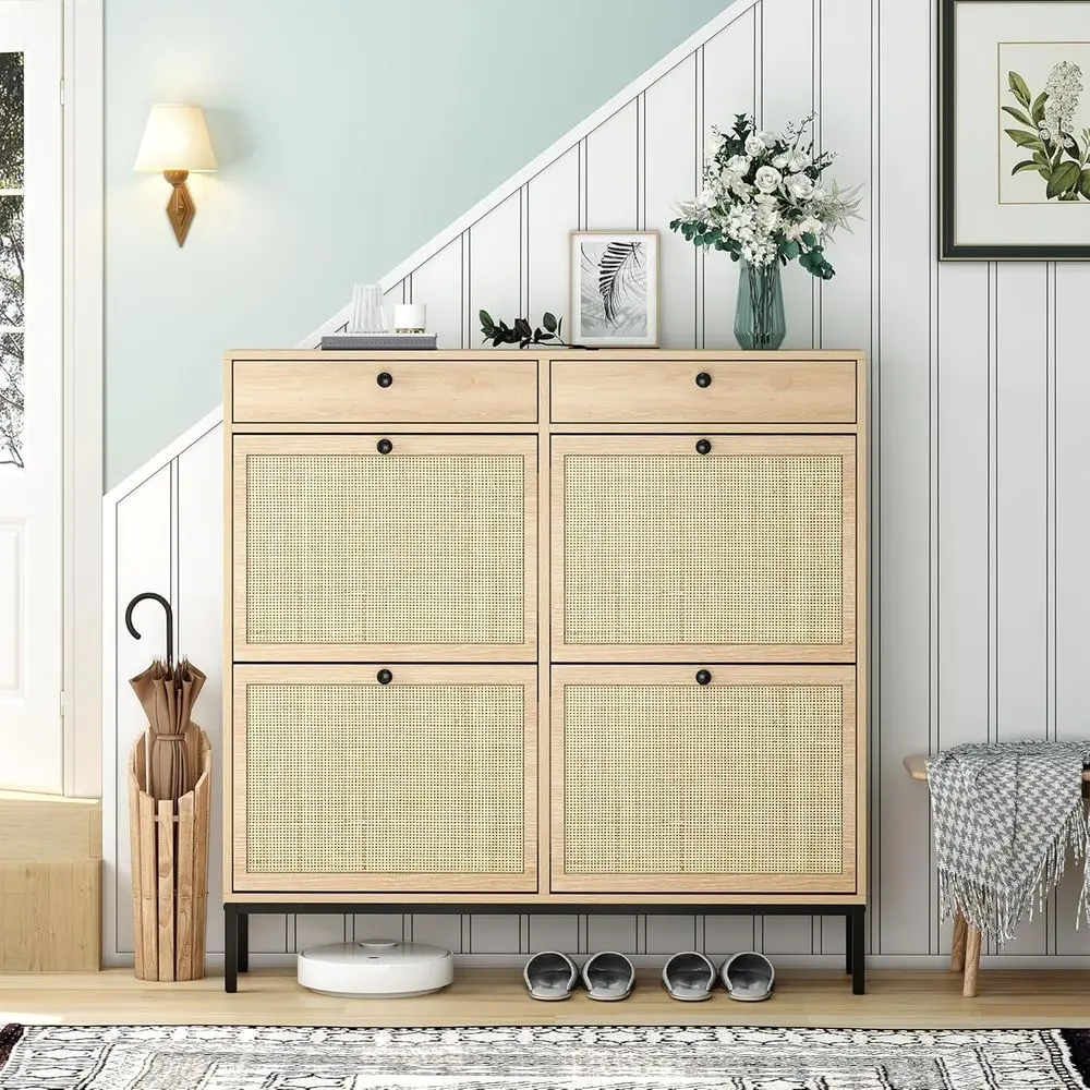 

Natural Rattan Shoe Cabinet - 4-Door Storage Organizer for Slim Entryway & Hallway