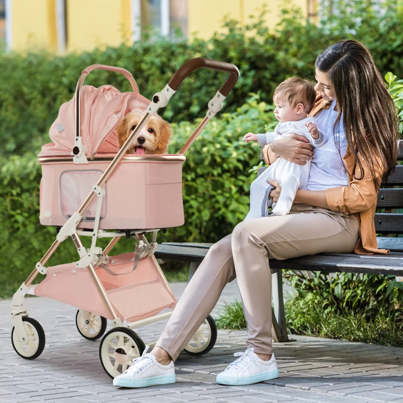 

Rose Golden Aluminum Tube Dog Stroller New Luxury Lightweight Pet Stroller Detachable Folding Carrier with 4 Wheels