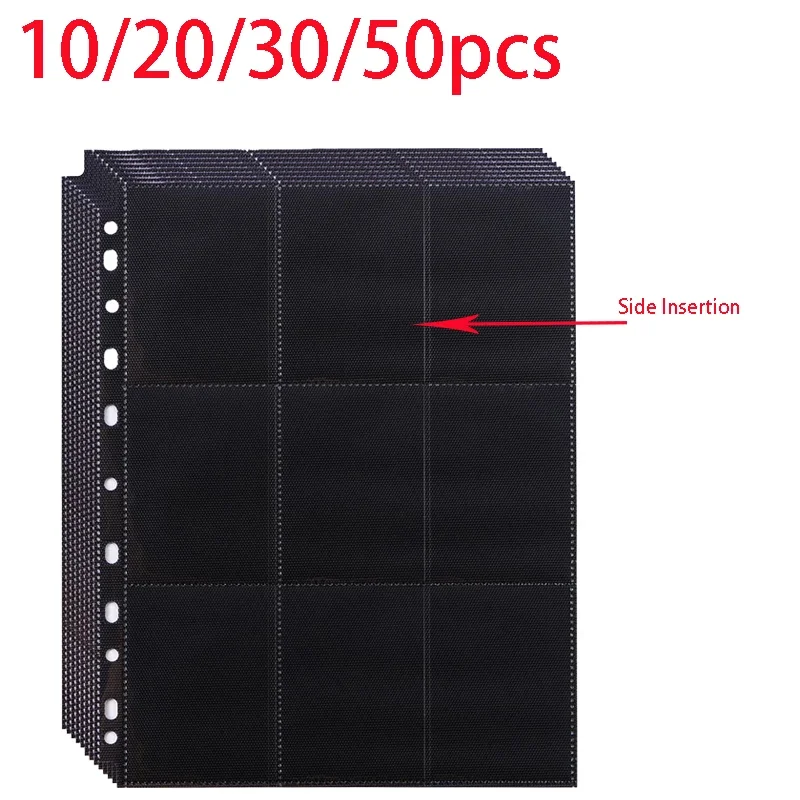 10/20/30/50PCS Black 9-panel Page Protector 11-hole Double-sided Card Holder Album with Side Pocket for Collecting Game Cards