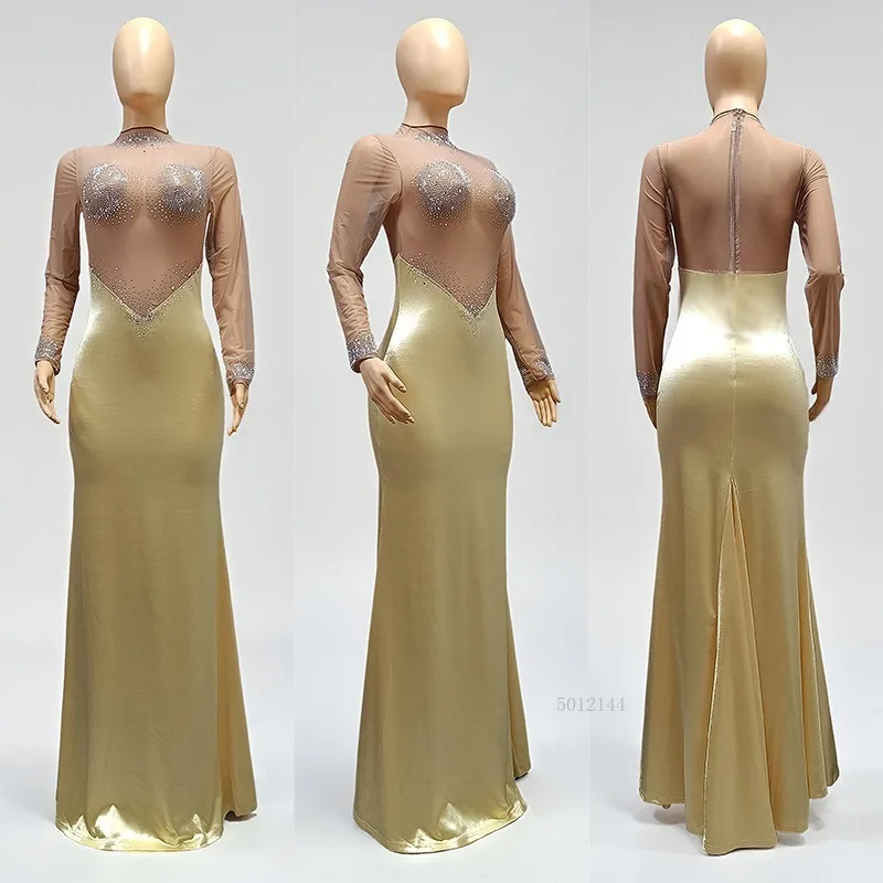 Perfuração quente cauda de peixe saia vestido longo feminino sexy noite baile de formatura casamento celebrar aniversário vestido sessão de fotos usar traje de palco