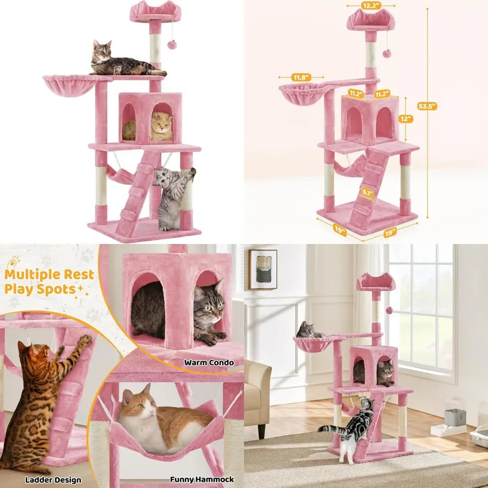 

Многоуровневая башня для кошек в помещении с когтеточками и туннелем для котят