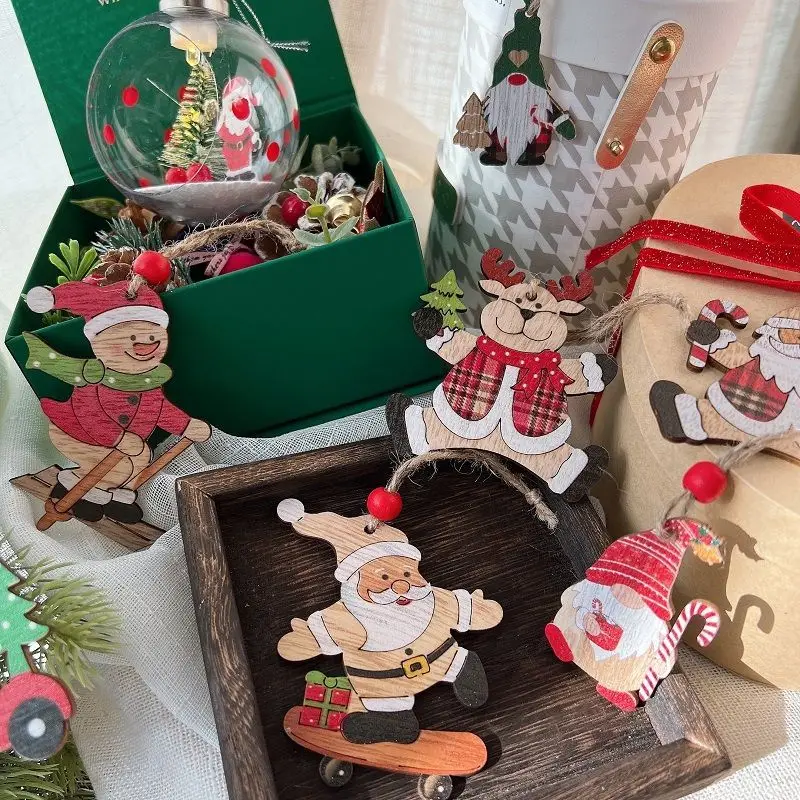 Christmas decorations, wooden three grid four grid Christmas tree gifts, bells, floral pendants