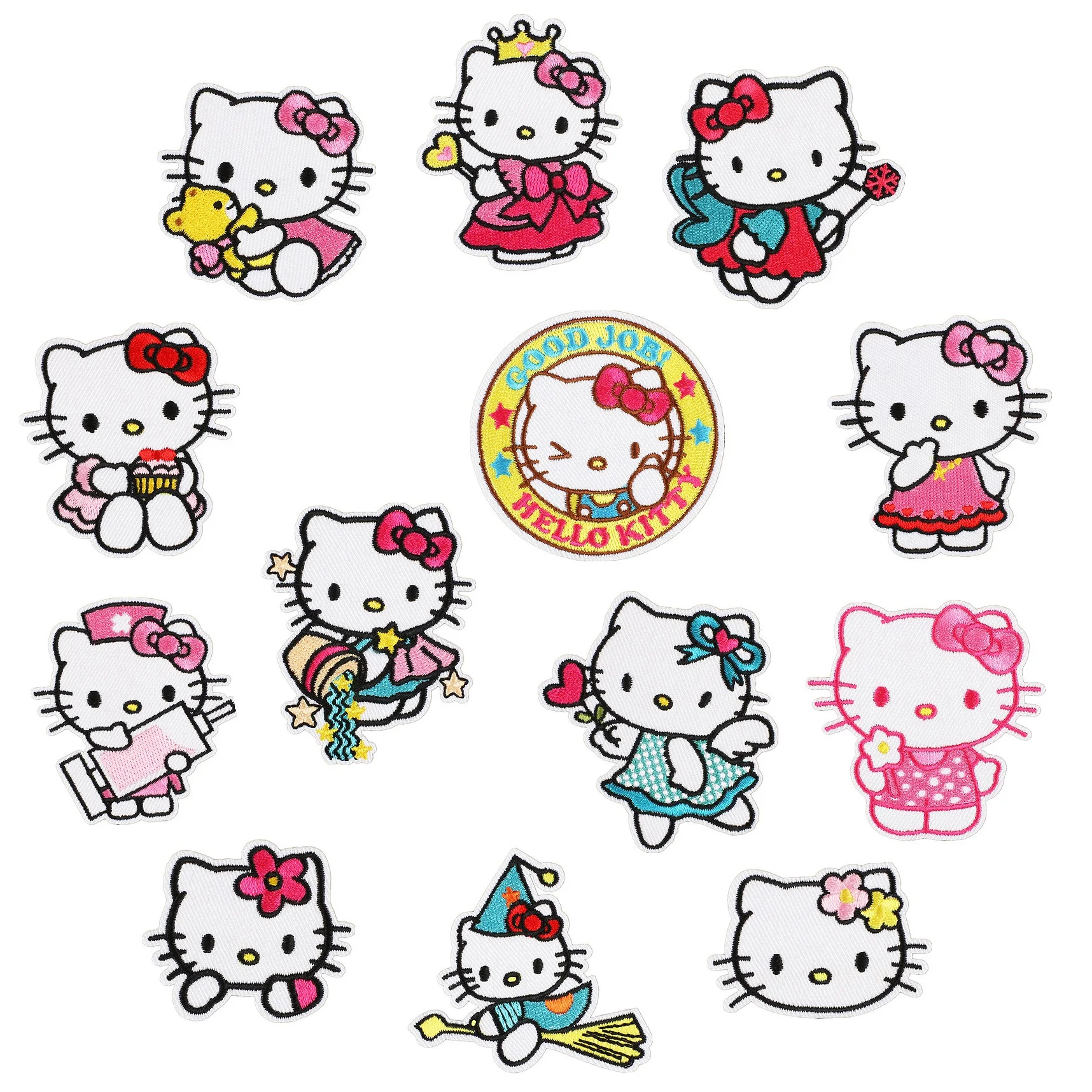 

13 Pcs Anime Cute KT Cat Hello Kitty Applique For DIY Sew Child Clothes jacket Hat Iron on Patches Jeans Embroidered Sticker
