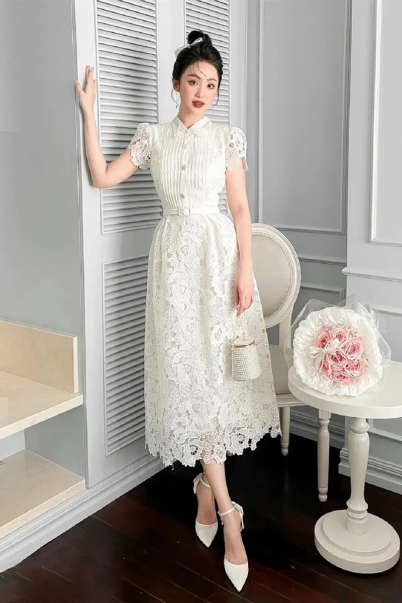 JAMERARY Fashion Flower Embroidery White Lace Evening Dress Women Summer Short Sleeve Midi Long Party Prom Dresses Lady