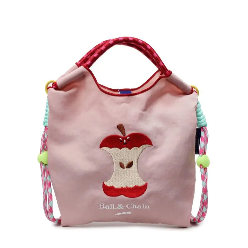 Beige Gray Black Green Blue Pink Cute Apple Embroidery Small Crossbody Bag Colorful Braided Strap Cotton Handbag Purse Girls