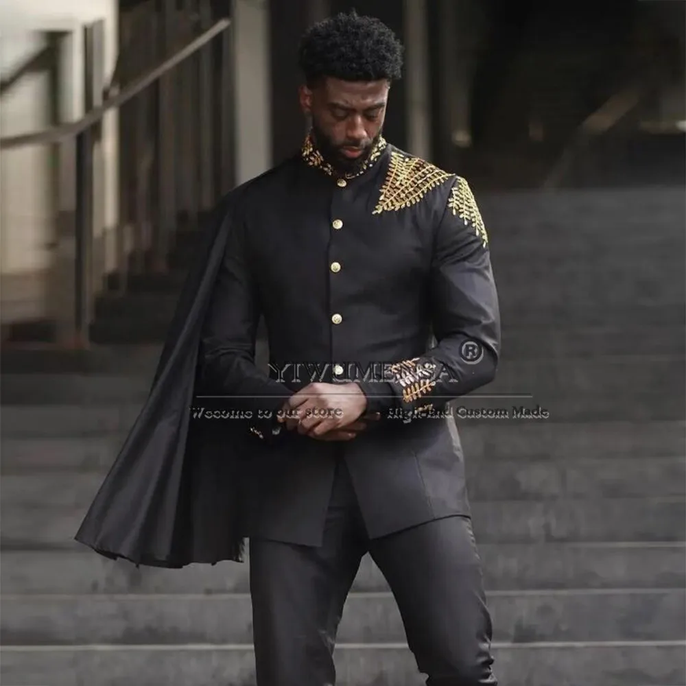 Royal Man Cosplay Suits Beading Prom Blazer With Cape Unique Design Groom Wear Wedding Tuxedo Men's Banquet Business Clothing