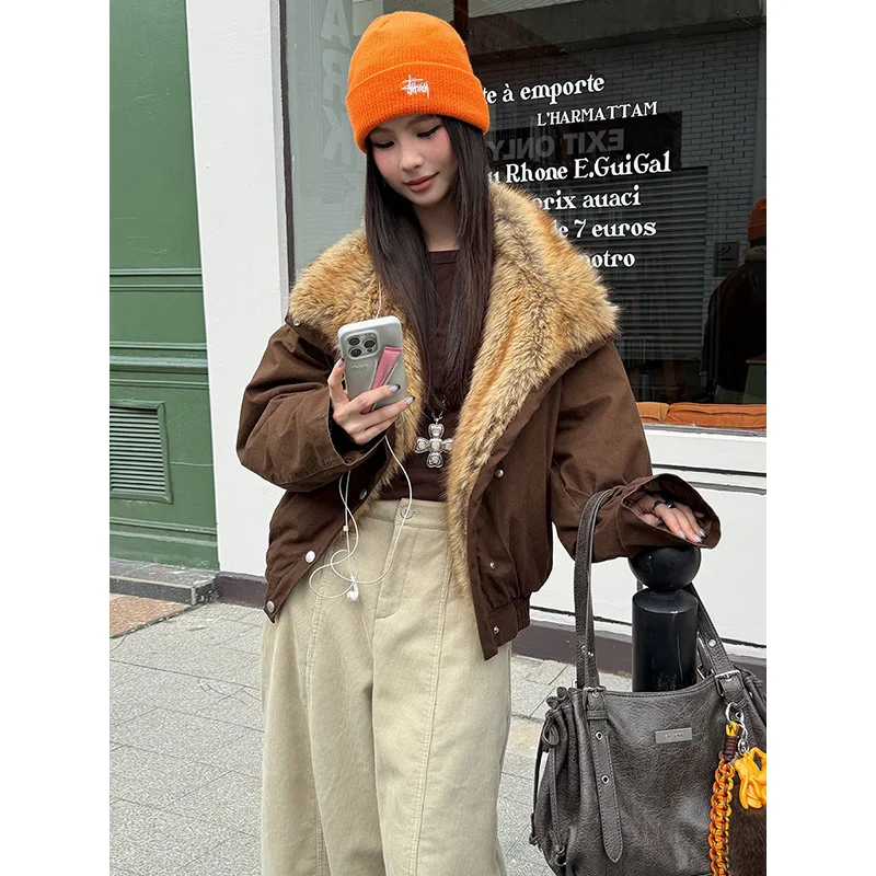 Benuynffy 2025 Autumn Winter Street Retro Fur Collar Thick Washed Jacket Women's Fashion Long Sleeve Warm Coats Woman Outerwear