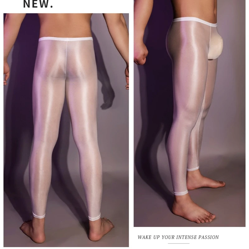 Sexy Men Elastic Oil Shiny Tight Pencil Pants Shaping Legging Ultra Thin See Through lingeries Pajama Breathable Exotic Trousers