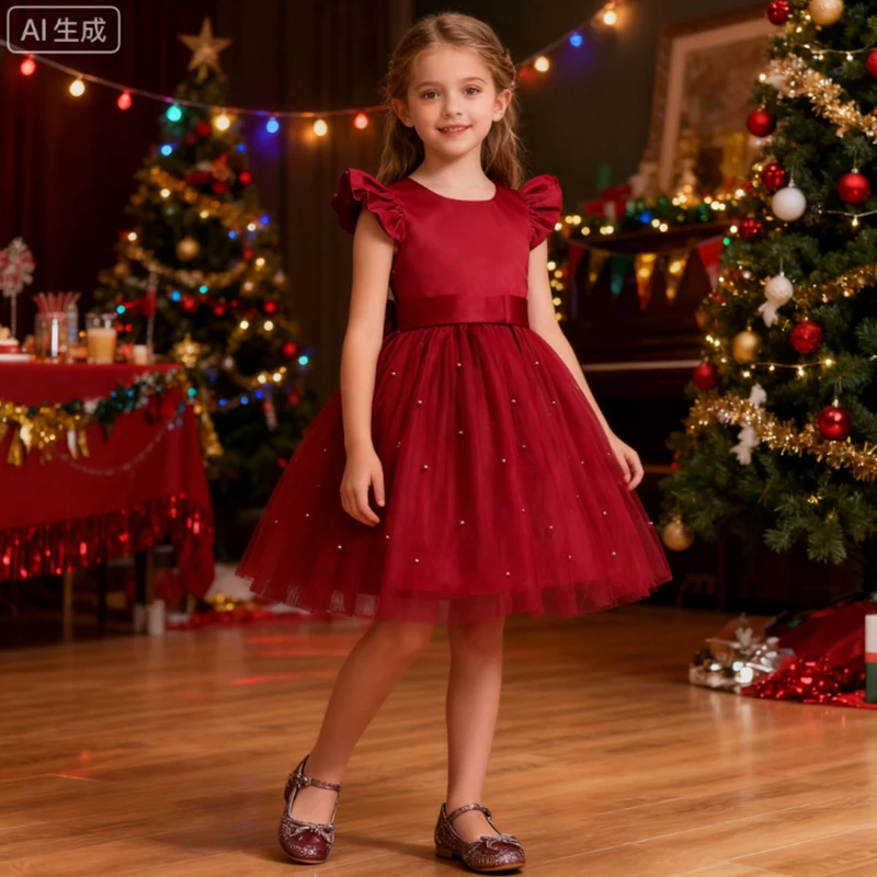 

Christmas Dress For Girls Backless Pearl Princess Dress Elegant Big Bow New Year Dress For Girls Wedding Bridesmaid Pageant Gown