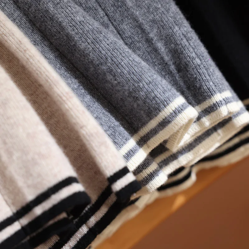 MEELEX Autunno Inverno Donna lavorata a maglia 100% lana merino Gonna a pieghe Casual Vita alta Color Block Minigonna corta a righe femminili