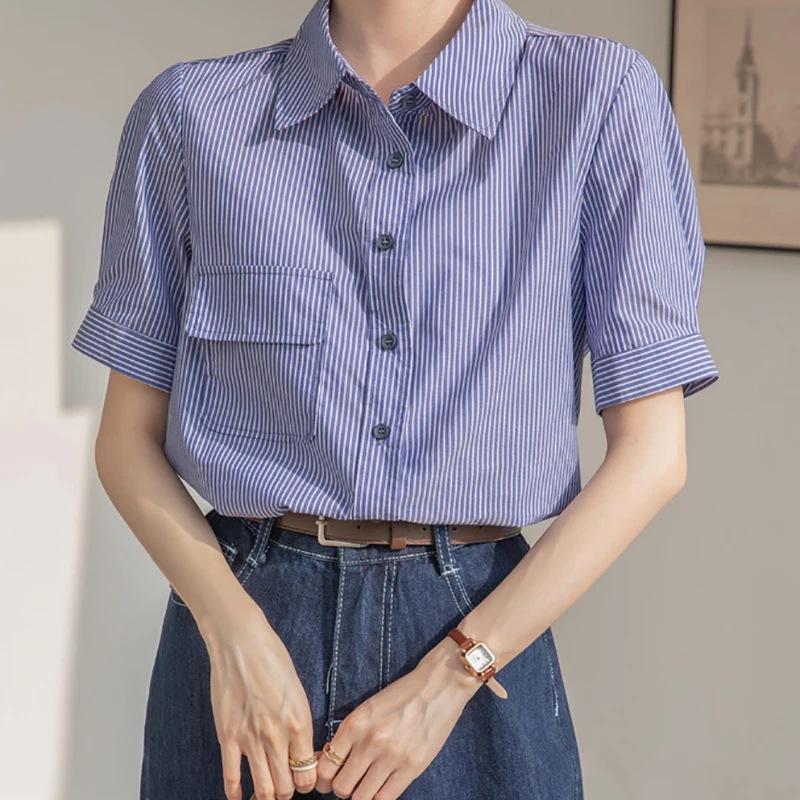 EVNISI Summer Elegant Women Blue Stripe Loose Shirt Polo Collar Chic Short Sleeve Office Blouse Women Single Breasted OL Tops